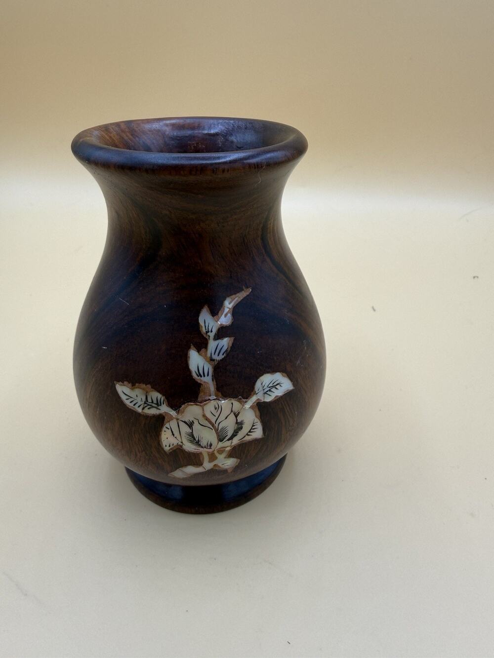 Vintage Hand Carved Wood Bud Vase Floral Inlay Small Hardwood Vase 5”